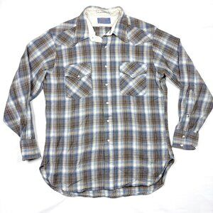 VTG Pendleton High Grade Western Wear Blue Plaid Pearl Snap Button Shirt Mens L